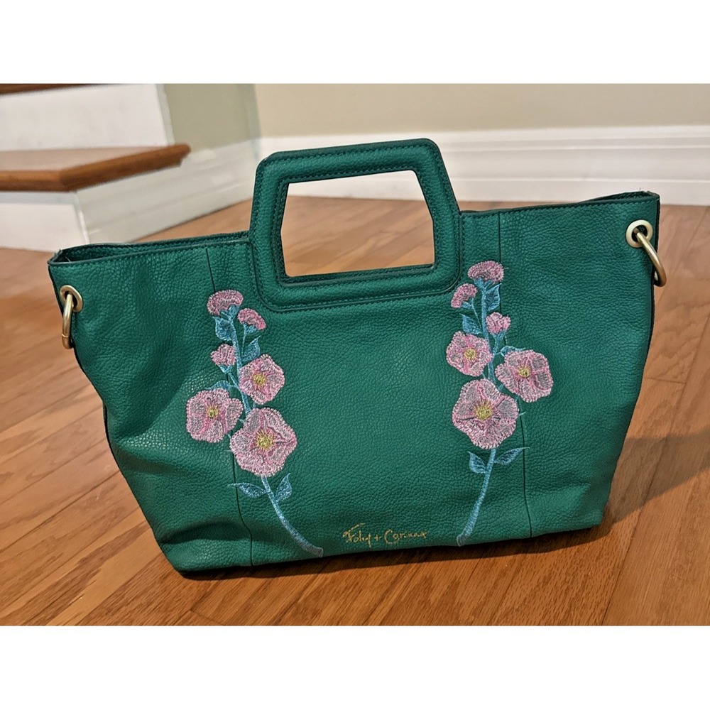 Foley + Corinna Green Embroidered Flower Clutch Handbag Faux Leather Purse**